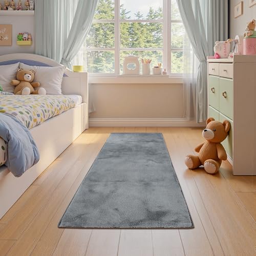 jinchan Solid Plush Runner Rug 2x5 Performance Shaggy Washable Hallway Rug Soft Modern Faux Wool Cozy Non Slip Carpet for Bedroom Laundry Room Living Room Kids Nursery Grey - color: Solid Grey, size: 2' x 5' (Runner)