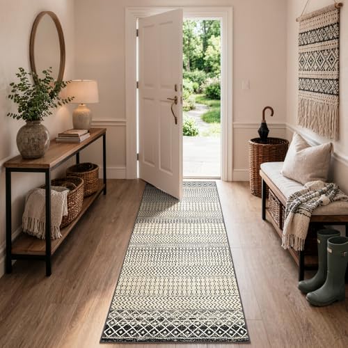Moroccan Washable Runner Rug, 2x6 Ultra Soft Non-Slip Vintage Boho Hallway Kitchen Runner Rug Floor Carpet for Bedroom Bathroom Laundry Living Room - color: Black, size: 2' x 6' (Runner)
