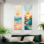 seewan 2 Pack Long Vertical Wall Tapestry, Boho Nature Landscape & Floral Aesthetic Wall Hanging for Bedroom Living Room Home Decor, Long Narrow Art Tapestry with Sunrise Mountain Botanical Designs, 13" × 51" (Geometric Sunset Waves, 13"Wx51"H, Unframed)