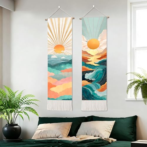 seewan 2 Pack Long Vertical Wall Tapestry, Boho Nature Landscape & Floral Aesthetic Wall Hanging for Bedroom Living Room Home Decor, Long Narrow Art Tapestry with Sunrise Mountain Botanical Designs, 13" × 51" (Geometric Sunset Waves, 13"Wx51"H, Unframed)