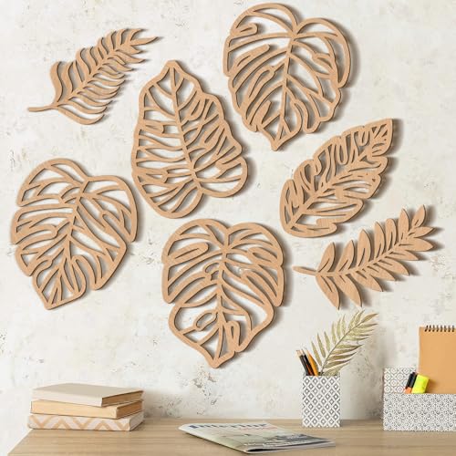 Namalu 7 Pcs Tropical Wall Decor Jungle Monstera Wall Art Boho Palm Leaf Wooden Decoration Tropical Nursery Decor Vintage Natural Monstera Leaf Plaque for Farmhouse Kitchen Bedroom Garden(Wood Color) - color: Wood Color