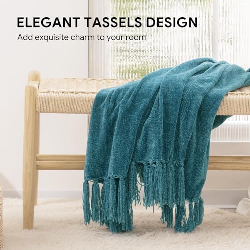 RECYCO Throw Blanket Soft Cozy Chenille Throw Blanket with Fringe Tassel for Couch Sofa Chair Bed Living Room (Teal, 50'' x 60'') - color: Teal, size: 50'' X 60''