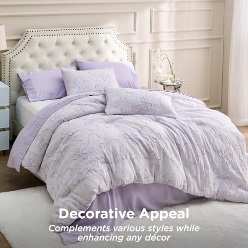 Bedsure Lavender Comforter Set Queen, GentleSoft™ 3 Pieces Breathable Bow Comforter Set Women Girls with 2 Pillow Shams, Cute Queen Bedding Sets Room Decor Aesthetic Bedroom Decor, 90x90 Inches - color: 01 - Bow Lavender, size: Queen (90" x 90")