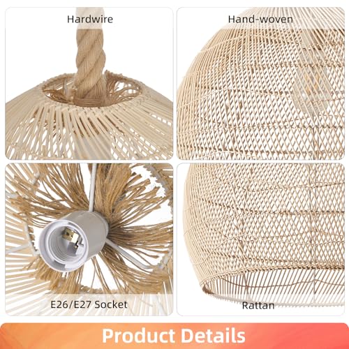 Arturesthome Natural Rattan Pendant Light for Kitchen Island, Woven Lamp Shade Chandelier, Hanging Ceiling Light, Handmade Lampshade Rope Lamp D15.7in*13.7in - size: 15.7″W x 13.7″H