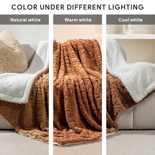 EverGrace Jacquard Boho Sherpa Fleece Throw Blanket for Couch, Super Soft Cozy Fuzzy Plush Blankets for All Seasons, Reversible Thick Warm Blanket for Bed, Sofa, Living Room, Burnt Orange, 50" x 60" - color: Burnt Orange, size: 50x60 Inches