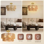 BoostArea 16.54” Boho 2-Tier Rattan Ceiling Light Fixture, Semi Flush Mount Woven Chandelier for Bedroom, Dining Room, Kitchen, Entryway, Living Room(Bulb not Included) - color: Brown