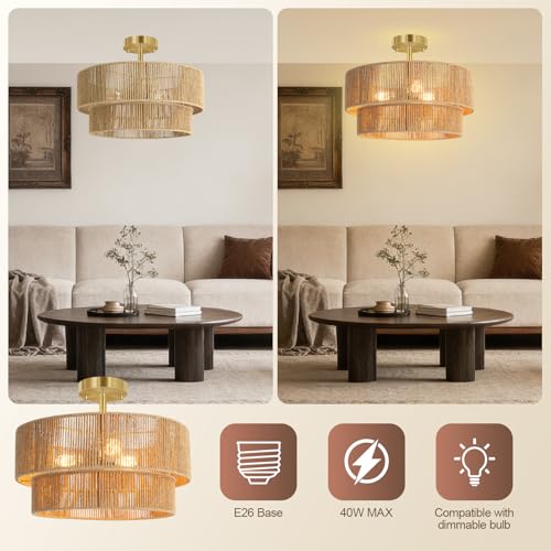 BoostArea 16.54” Boho 2-Tier Rattan Ceiling Light Fixture, Semi Flush Mount Woven Chandelier for Bedroom, Dining Room, Kitchen, Entryway, Living Room(Bulb not Included) - color: Brown