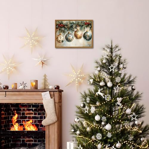Framed Vintage Christmas Canvas Wall Art, Vintage Christmas Ornament Ball Wall Decor Paintings, Rustic Winter Holiday Pictures Prints for Living Room Bedroom Home Decoration 12x16 inch - color: Christmas-1, size: 16"L x 12"W