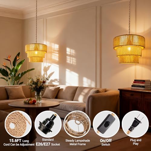 Hanging Light Ceiling Lamp Pendant Lights Rattan Hanging Lamp with Plug in Cord for Living Room Bedroom Kitchen Indoor Hanging Lamp Plug in Woven Lampshade - size: 12.5 Inch-Lantern Shade