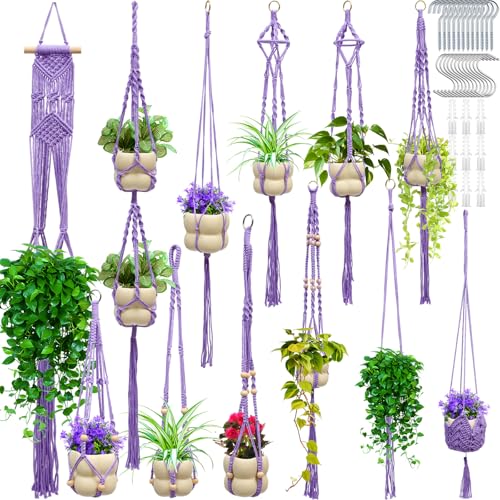 Hoteam 12 Pcs Macrame Plant Hangers Macrame Hanging Planters for Indoor Plants Handmade Boho Hanging Baskets Flower Pots Holder for Outdoor Home Wall Decor - color: Purple