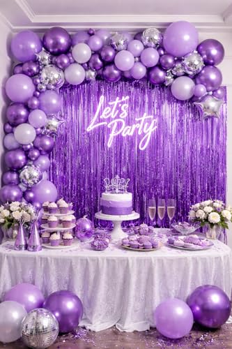 2 Pack Purple Metallic Tinsel Fringe Curtain Backdrop Streamers 3.2ft x 6.4ft. Party Decoration for Birthday, Wedding, New Years Eve, Graduation, Baby Shower & Other Event Decoration - color: Purple