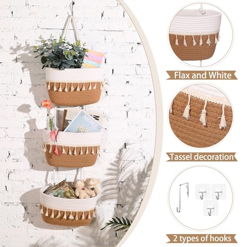 SiliFine Over The Door Hanging Basket Boho Woven Wall Hanging Baskets 3-Tier Cotton Wall Mounted Storage Organizer Bag Macrame Decorative for Kitchen Laundry Room Stairs(White, Jute) - color: White, Jute