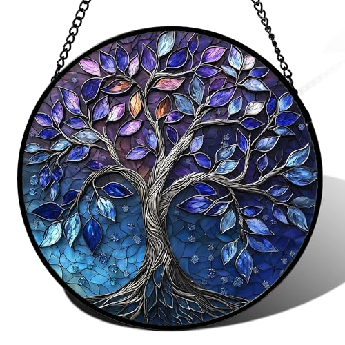 DASTOLL Stained Glass Window Hanging, Blue Purple Tree of Life Sun Catchers Colorful Glass Panel Plants Suncatcher Decor for Birthday for Women,Men,Wife, Lovers, and Mom 11.8x11.8 in - color: Blue Purple, size: 11.8x11.8 IN