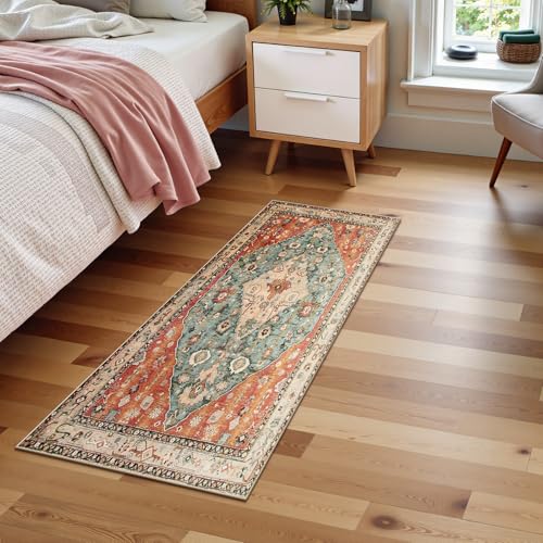 Lahome Boho Tribal 2x4.3 Washable Rug Runners for Hallways Non Slip, Kitchen Bathroom Entryway Carpet Runner, Bohemian Faux Wool Low-Pile Throw Doormat for Laundry Entrance (Rust/Dull Teal,2x4.3ft) - color: Geometric Tribal, size: 2' x 4'4" (Runner)