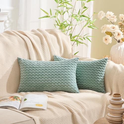 GAWAMAY Decorative Corduroy Lumbar Throw Pillow Covers 12x20 Inch Set of 2 for Living Room Couch Bed Sofa, Farmhouse Cushion Cover Soft Striped Neutral Pillow Cases Home Decor (30x50cm) Aqua Blue - color: Aqua Blue, size: 20" x 12" (Pack of 2)