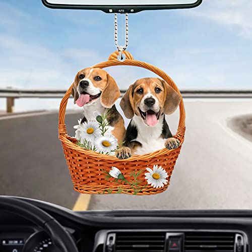 Black Tan and White Beagle Dog God's Present Car Hanging Ornament, Beagle Dogs and Daisy Flowers On Wicker Basket Car Mirror Accessories for Beagle Lover Gift, Interior Rearview Pendant Decor Decor