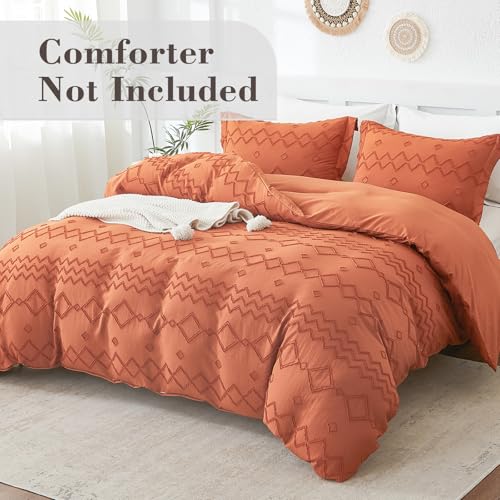 EMME Boho Duvet Cover Queen Size Pumpkin - 3 Pieces Soft & Breathable Tufted Shabby Chic Embroidery Bedding for All Seasons, 1 Duvet Cover with 2 Pillow Shams & Zipper Closure (Pumpkin, Queen) - color: 23 - Pumpkin, size: Queen(90"×90")