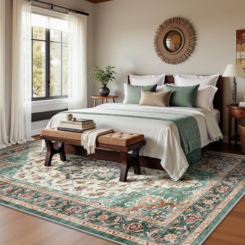 5x7 Area Rugs - Washable Rug Vintage Distress Boho Medallion Rugs for Living Room, Soft Non-Slip Backing Low Pile Carpet for Bedroom Dining Room Office Nursery Dorm Home, Green Brown - color: B-green Brown, size: 5' x 7' (Rectangular)