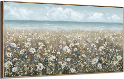 amatop Oversized Wall Art for Living Room Extra Large Farmhouse Boho Framed Beach Coastal Vintage Ocean Floral Canvas Print Daisy Flowers Sea Wall Picture Neutral Nautical Artwork Bedroom Office Decor - color: Coastal Flower Sea Art, size: 58"L x 29"W