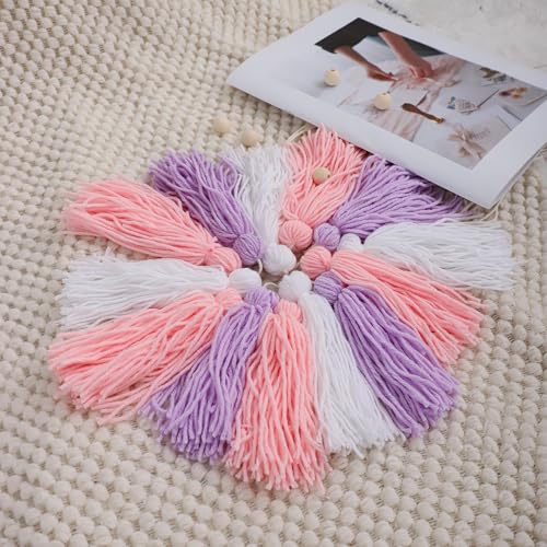 Boho Spring Easter Wall Decor Purple & Pink Tassels Garland Macrame Wall Hanging with Wooden Beads for Nursery Girls Bedroom Gift Party Dorm Living Room Home Decor Aesthetic - color: Purple