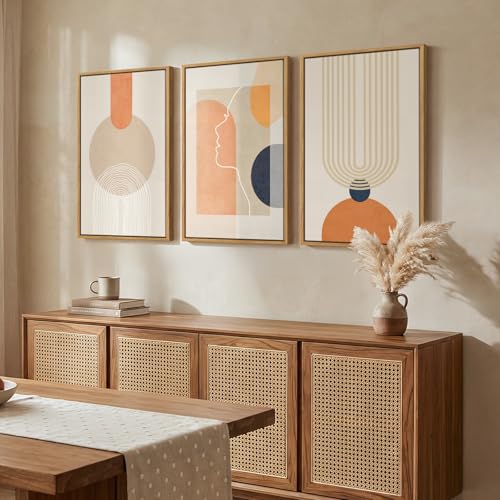 3 Piece Framed Abstract Boho Canvas Wall Art for Living Room, Large Mid Century Modern Geometric Line Prints Paintings, Neutral Minimalist Beige Orange Artwork Decor for Bedroom Entryway, 16x24 Inch - color: Beige Orange, size: 24" H x 16" W x 3Pcs