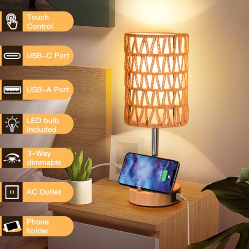 Rattan Table Lamps for Living Room, 3 Way Dimmable Touch Lamps, Small Bedside Lamps with LED Bulbs, Phone Stand, USB Ports and AC Outlet, Boho Nightstand Lamp for Bedroom Office (1 Pack Faux Wood) - size: 1 Pack Faux Wood