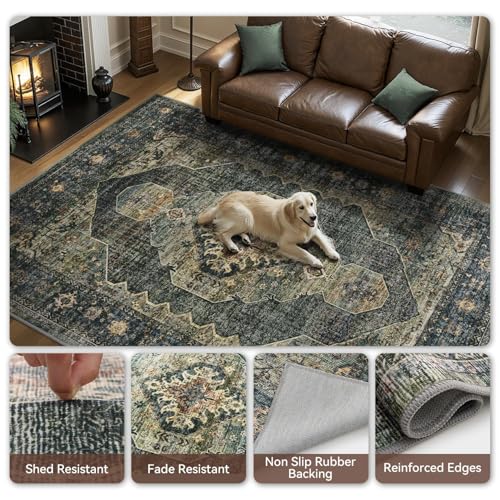 Engiw Olive Green 8x10 Area Rugs for Living Room Bedroom Rug Washable Vintage Neutral Farmhouse Rug Carpet Dining Room Rugs Office Retro Oriental Easy Clean Non Slip Large - color: Dark Green/Olive, size: 8' x 10' (Rectangular)