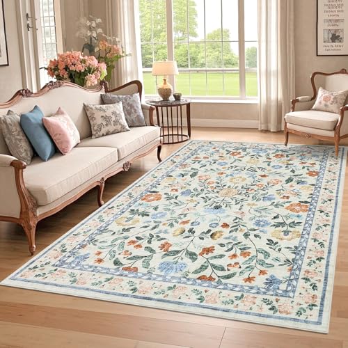 GarveeHome Washable Rug 6 x 9, Low Pile Farmhouse Floral Rug, Non-Shedding Indoor Foldable Printed Carpet Non-Slip Soft Vintage Throw for Bedroom Dining Room Kitchen, Green - color: Green, size: 6' x 9' (Rectangular)