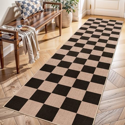 2x8 Checkered Runner Rug for Hallway: Washable Faux Jute Runners Indoor Farmhouse Style - Carpet with Non-Slip Backing - Non Slip Narrow Floor Runners for Entryway Kitchen Living Room (Black,2x8) - color: Black, size: 2' x 8' (Rectangular)
