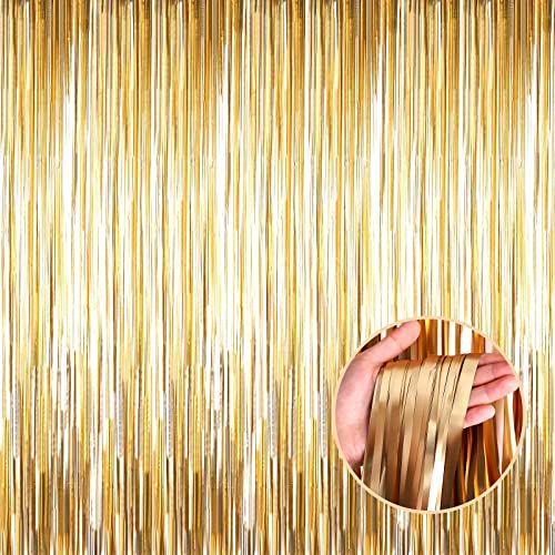 4 Pack Champagne Gold Foil Fringe Curtain Backdrop, 3.28Ft x 8.2Ft Metallic Tinsel Streamer Curtains for Party, Photo Booth Props, Birthday, Graduation Decoration Party Supplies - color: Gold,Turquoise,Red