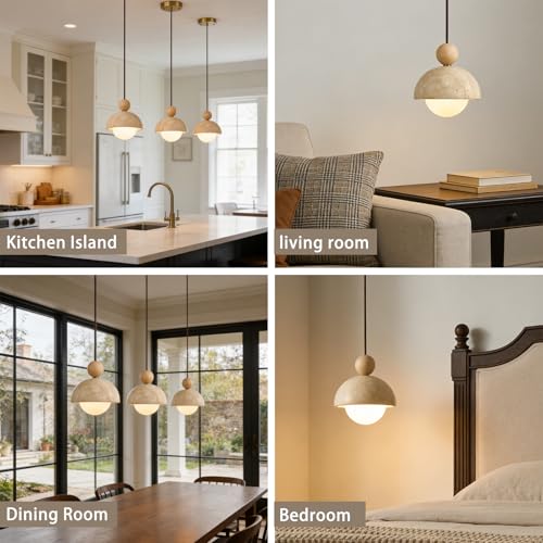 7.1inch Wabi Sabi Pendant Light, Yellow Travertine Pendant Light Fixture, Natural Stone & Wood Hanging Lamp for Kitchen Island, Hallway, Bedroom Bedside, Living Room, Dining Room (1pcs) - color: 7.1inch stone-1pcs