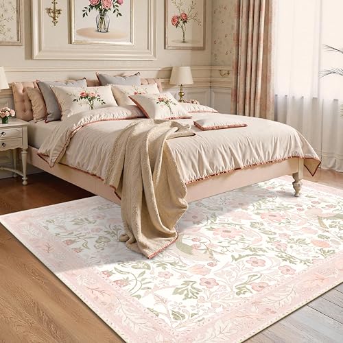 5'x7' Area Rugs Washable,Pink Rug for Living Room Bedroom,Large Boho Botanical Farmhouse Bohemian Distressed Oriental Carpet Non Slip,Blush Floral Bird - color: Pink Floral Bird, size: 5'x7'