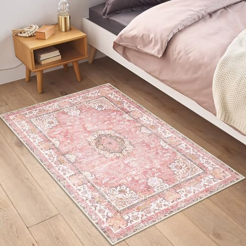 Small Rugs 2'x3',Pink Rug for Entryway Bathroom Kitchen Entrance Doormat,Boho Vintage Bohemian Distressed Washable Accent Indoor Mat Floor Throw Carpet Non Slip,Blush Floral Flowers - color: Pink, size: 2'x3'