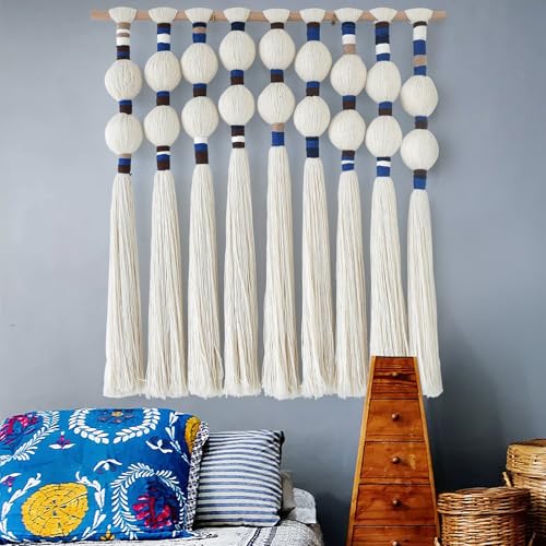 IOWER Macrame Wall Hanging Spherical Best Boho Wall Decor Fiber Handmade Cotton Rope Woven Decor with Tassels Aesthetic Handmade Woven Wall Art for Bedroom Living Room 27" W x 29.5" L - color: White and Blue