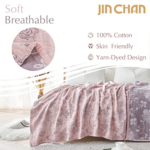 jinchan Boho 100% Cotton Muslin Twin Size 60x80 Inches Blanket Lightweight 4-Layer Quilted Soft Pink Red Floral Throw Blanket Reversible Comfy Flower Breathable All Seasons Couch Bedroom Decor - color: Floral Pink Red, size: 60"x80"