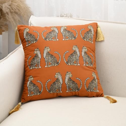 Fall Square Decorative Throw Pillow Cover with Tassels Leopard Pattern Cushion Cover Luxury Style Soft Velvet Pillowcase for Sofa Couch Bedroom (18"x18",Orange) - color: Orange, size: 18" x 18" (Pack of 1)
