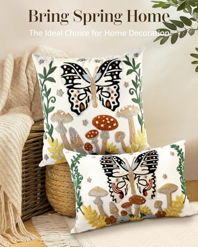 Embroidered Lumbar Pillow Cover - 20x12 Decorative Pillow Cover with Zipper Aesthetic Cute Design Boho Spring Summer Throw Pillowcase for Living Room Couch Sofa Bed, Butterfly Moon - color: Butterfly Moon, size: 20" x 12" (Pack of 1)