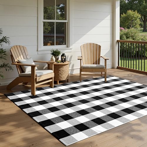 joybest Buffalo Plaid Rug 5 x 7 ft Black and White Checkered Area Rug Cotton Hand-Woven Indoor Outdoor Rugs Carpet for Patio, Living Room, Dining Room, Bedroom - size: 5' x 7' (Rectangular)