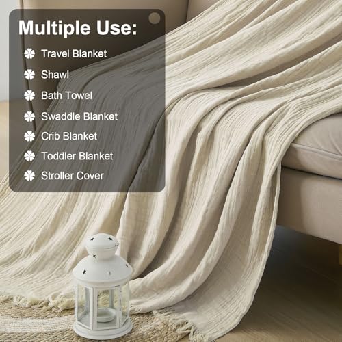Cotton Muslin Throw Blanket with Tassels, Lightweight Woven Gauze, Pre-Washed Breathable Farmhouse Decor for Bed, Couch, All-Season Use (Beige, 50" x 60") - color: Beige, size: 50" x 60"