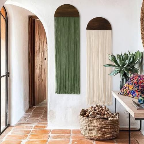 Flber 2 Pcs Macrame Wall Hanging Boho Decor Wall Tapestry Handmade Round Tassel 13.7" W x 51" L For Living Room Bedroom Headboard Decor - color: Ivory and Green