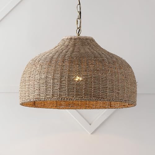 JONATHAN Y 20" Brown/Brass Gold 1-Light Rattan and Iron Dome Pendant Light, Adjustable Height Coastal Bohemian Hanging Lamp for Kitchen Island, LED Bulb Included JYL1133A