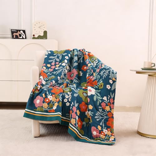 Boho Throw Blanket 60"x80", 100% Cotton Muslin Blankets for Couch Bed Sofa Chair, 4-Layer Soft Cozy Quilt Travel Blanket with Floral, Farmhouse Decor,All Seasons(Blue) - color: Blue Flowers