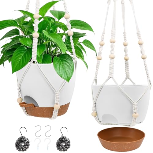 Hanging Planters for Indoor Outdoor Plants, 2 Pack Self Watering Hanging Pot with Drainage Holes, Removable Tray & 2 Kinds of Plant Hangers, 8'' Hanging Flower Pots for Home Garden Decor, White - color: Ivory+black+white, size: 8''