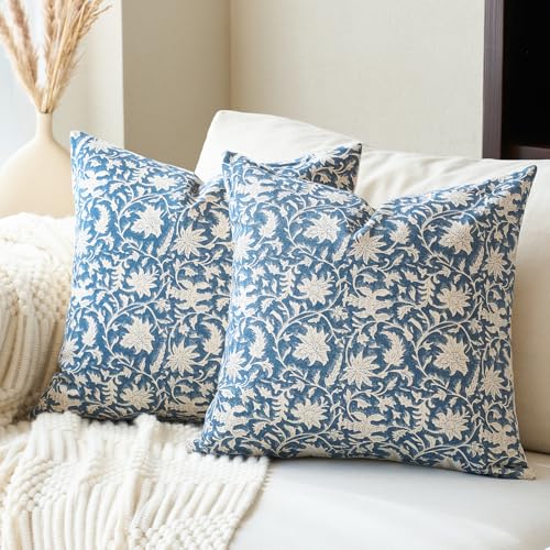 FIOUOVO Floral Throw Pillow Covers 18x18 Farmhouse Block Print Pillow Covers Decorative Pillow Covers Couch Pillows for Living Room Vintage Accent Sofa Pillows Set of 2, Vintage Blue - color: Vintage Blue, size: 18" x 18" (Pack of 2)