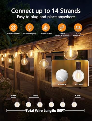 50FT Brown Outdoor String Lights, Shatterproof LED Globe Edison String Lights with 50 G40 LED Bulbs, Waterproof Connectable Hanging Light for Backyard Patio Porch Balcony Party Decor, E12 Base - color: Warm White-Brown, size: 50FT