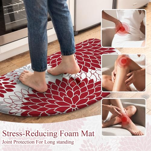 KIMODE Half Circle Kitchen Mats for Floor Cushioned Anti Fatigue,2PCS Semi Round Floral Boho Kitchen mat Non Slip,Waterproof Padded Kitchen Floor Mat Carpet Decor for Sink Laundry Bathroom,Red - color: Red, size: 18" x 28"+18" x 47"-0.47 inches