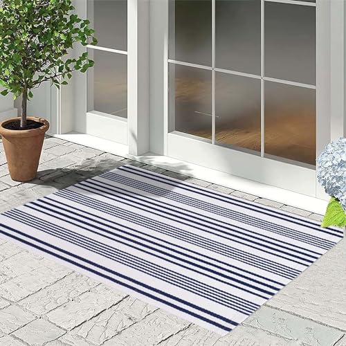 Blue and White Striped Outdoor Rug 24'' x 35'' Door Mat Outdoor Machine Washable Welcome Mats Cotton Hand-Woven Entryway Rug for Front Porch/Entryway/Laundry/Bathroom/Bedroom - color: Blue Striped, size: 2' x 3' (Rectangular)