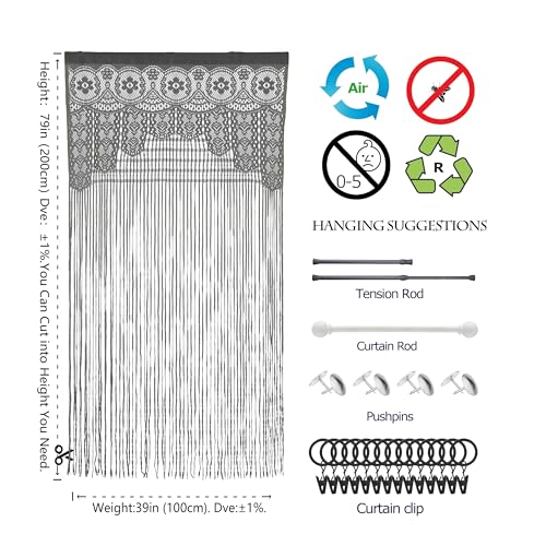 Lace Door String Curtain for Doorways，Bohemian Curtains Window Wall Closet Bedroom Kitchen Hippie Hanging Panels Boho Room Divider - color: Grey, size: 39"W x 79"L (Pack of 1)