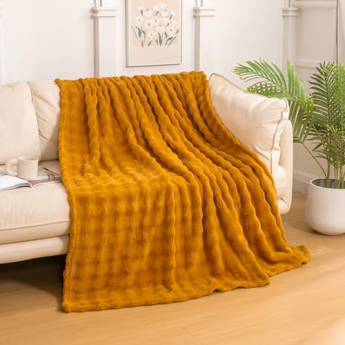 YUSOKI 3D Fleece Bubble Throw Blanket | 380GSM Ultra Soft Fluffy Plush | Non-Shedding Lightweight Cozy Blanket for Couch Sofa Bed | All Season (Gold,50 * 60inches) - color: Gold, size: Throw(50" x60")