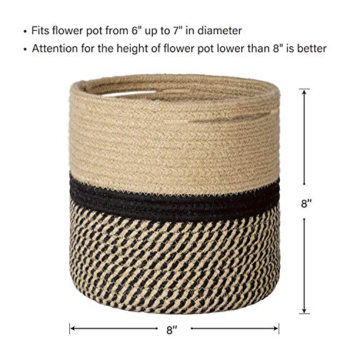 TIMEYARD Sturdy Jute Rope Plant Basket Modern Woven Basket up to 7.5 Inch Flower Pot Floor Indoor Planters, 8” x 8” Storage Organizer Baskets Rustic Home Decor, Black Stripes - color: Black and Jute, size: 8" x 8"